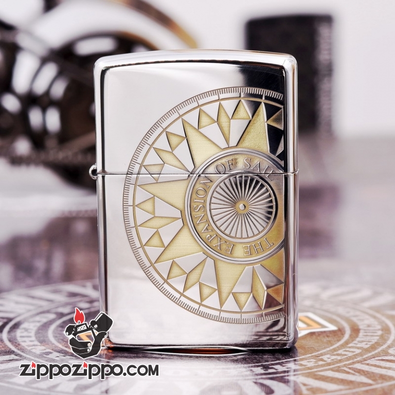 Zippo 250Hai mầu bạc vàng khắc hình la bàn