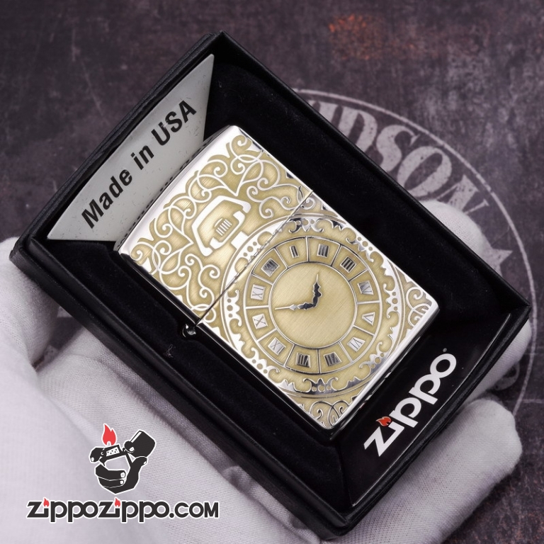 Zippo 250 Bạc khắc hình đồng hồ  màu đồng - Thời gian là tiền bạc
