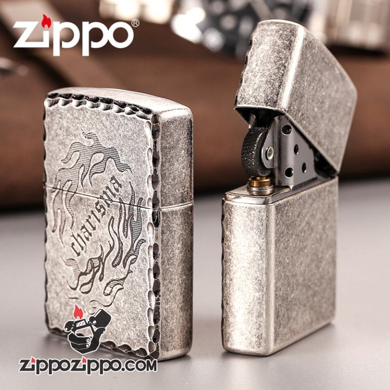 Bật lửa Zippo bạc cổ khắc hình ngọn lửa