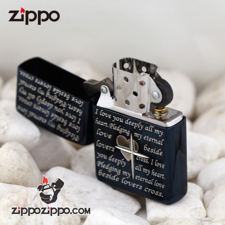 Bật lửa Zippo mặt xanh khắc nhẹ trái tim chữ thập