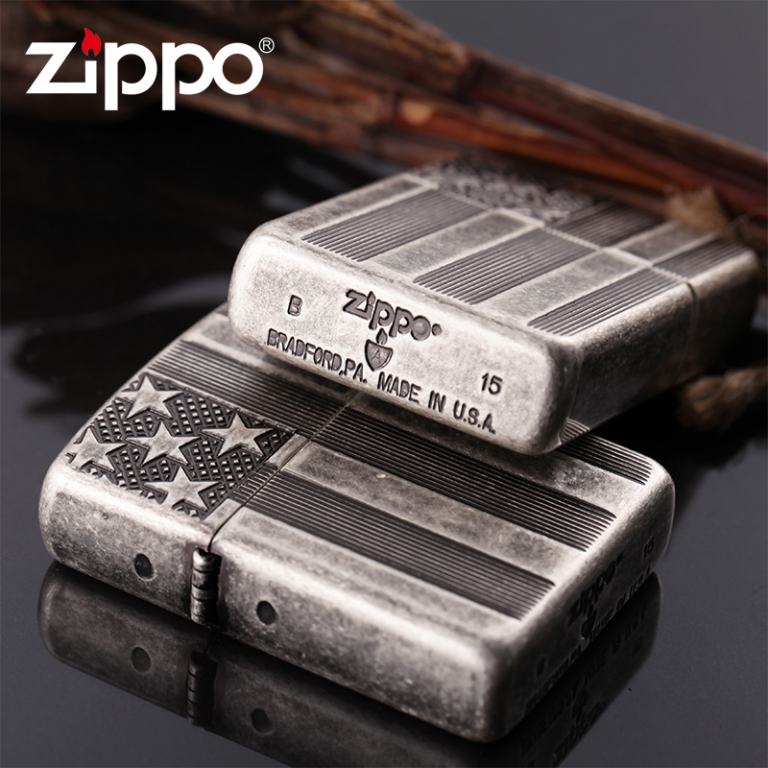 Zippo Chính Hãng Bạc Cổ Hình Cờ Mỹ