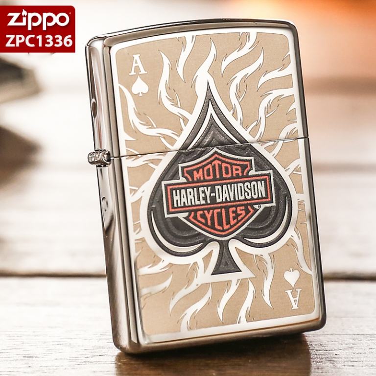 Zippo Chính Hãng Bạc In Hình Lá Bài và Logo Harley Davidson
