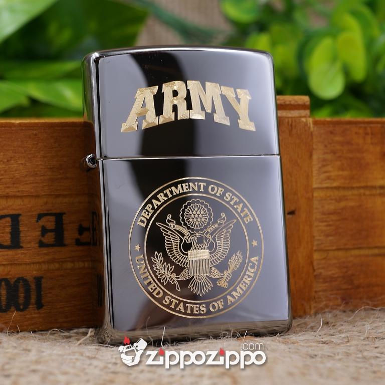 bật lửa zippo den bóng khắc logo Mỹ ARMY