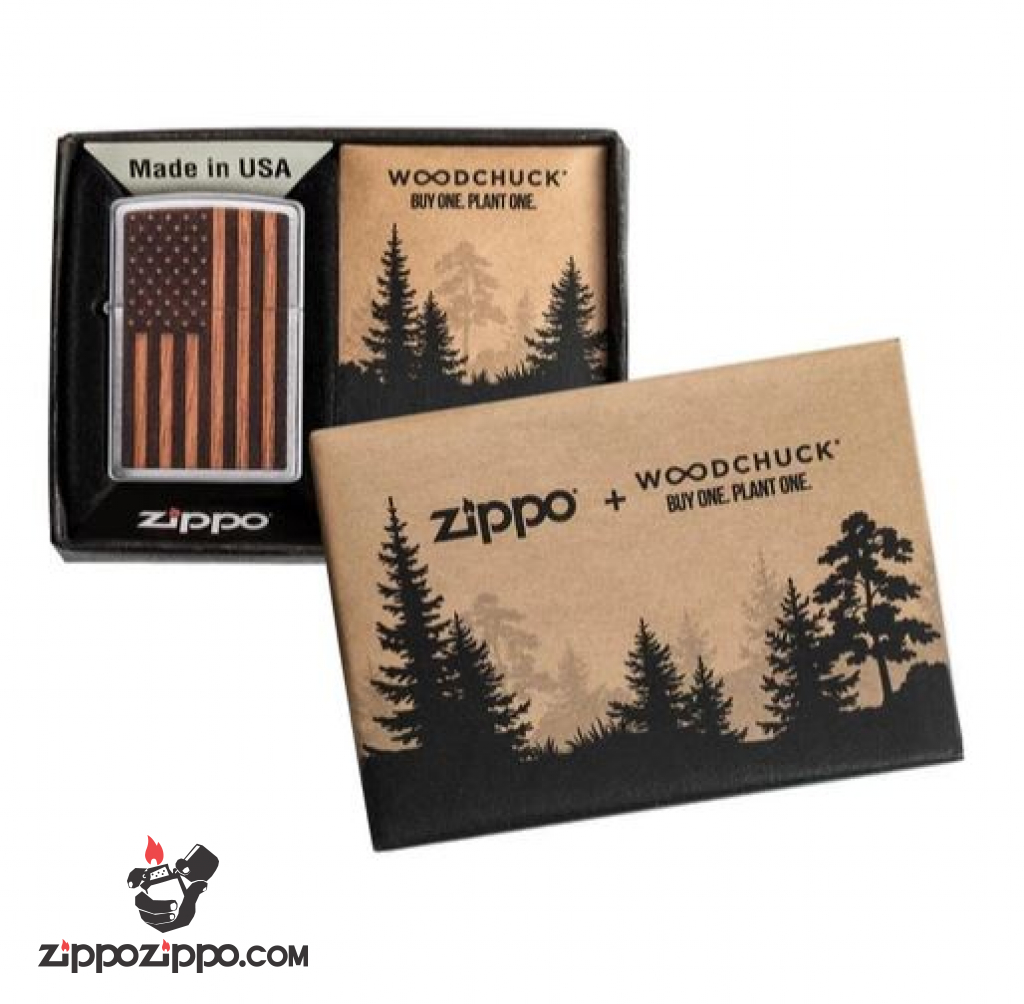 Zippo khắc Laser hình cờ Mỹ trên miếng ốp gỗ