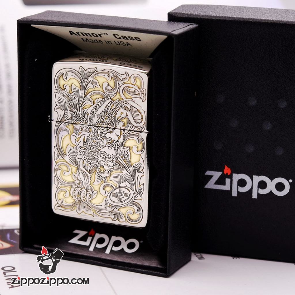 Bật lửa Zippo chính khắc hình kỳ lân phiên bản chrome