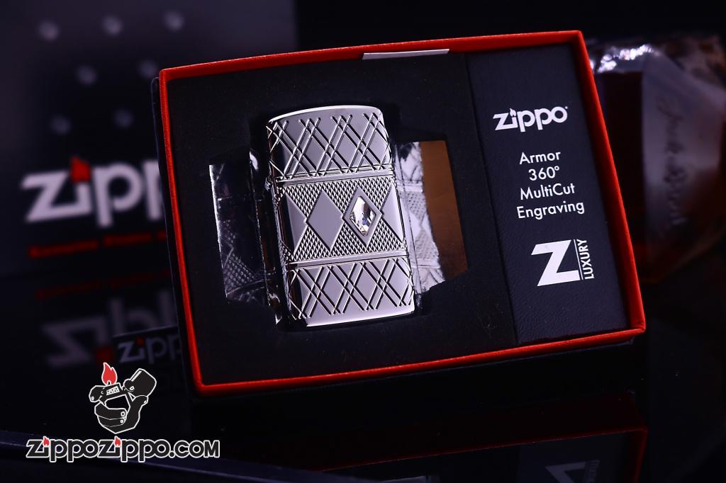 Zippo Slim Armor họa tiết kim cương gằn viên pha lê trắng