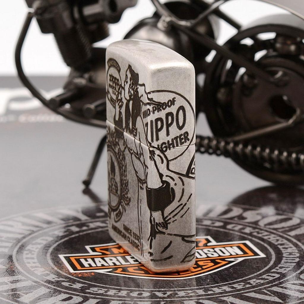 Bật Lửa Zippo Chính Hãng Khắc Cô Gái Zippo Mạ Antique Silver