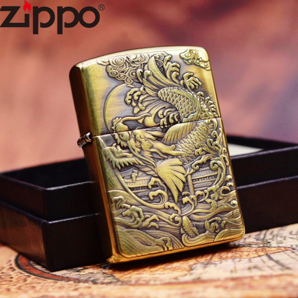 BẬT LỬA ZIPPO BẢN ĐỒNG DÀY KHẮC HÌNH 3D CÁ RỒNG