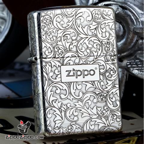 Bật Lửa Zippo Bạc Nguyên Khối Cao Cấp Khắc Hoa Văn Arabesque Và Logo Zippo Vỏ Dầy Bản Armor
