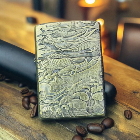 BẬT LỬA ZIPPO BẢN ĐỒNG DÀY KHẮC HÌNH 3D  RỒNG PHƯỢNG