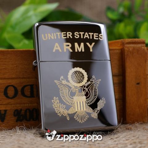 bật lửa zippo đen bóng khắc logo united states ARMY  mạ vàng