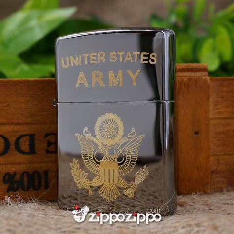 bật lửa zippo đen bóng khắc logo united states ARMY  mạ vàng