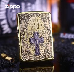 Bật Lửa Zippo Khắc Chữ Thập Và Kinh Thánh Màu Vàng Bản Ốp Nổi Bản Amor - Mã SP: ZPC2644-169