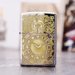 Zippo 250 Bạc khắc hình đồng hồ  màu đồng - Thời gian là tiền bạc - Mã SP: ZPC1699