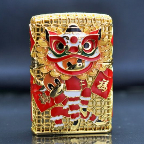 Zippo Bọc Lưới Vàng Ốp Chủ Đề Múa Lân
