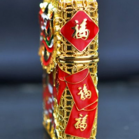 Zippo Bọc Lưới Vàng Ốp Chủ Đề Múa Lân