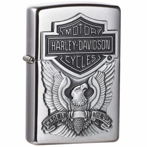 Zippo Chính Hãng Bạc Vỏ Gắn Huy Hiệu Motor Harley Davidson