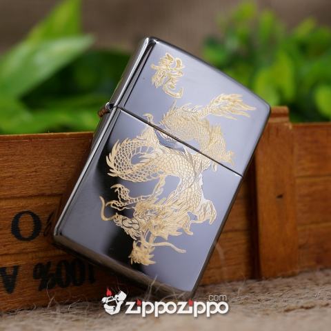 Zippo Màu Đen Bóng Khắc Mạ Vàng chạm khắc hình rồng