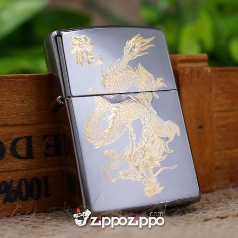 Zippo Màu Đen Bóng Khắc Mạ Vàng chạm khắc hình rồng